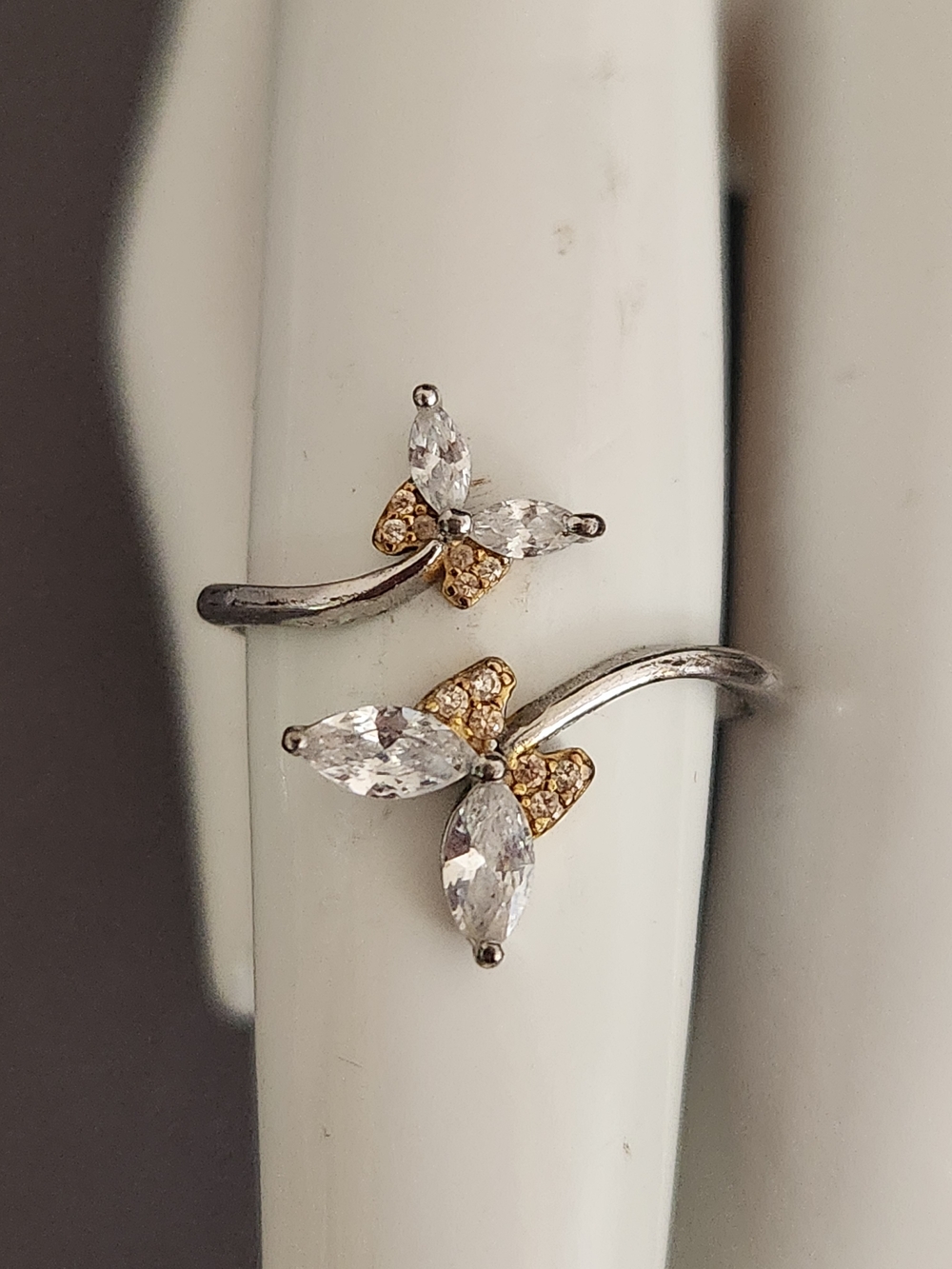 Sterling Silver Butterfly Ring with Clear Crystals and Gold Accents